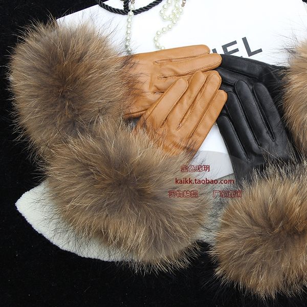 

five fingers gloves fur large raccoon cowhide sheepskin female leather plush mouth, Blue;gray