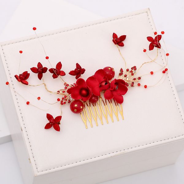 

chinese style red rhinestone flower gold color hair comb handmade beaded wedding accessories hair red headdress l, Golden;silver