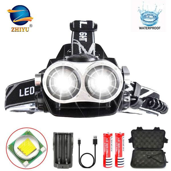 

headlamps zhiyu t6 led headlamp 2*t6 zoomable focus headlight torch head lamp usb rechargeable lantern use 2* 18650 battery