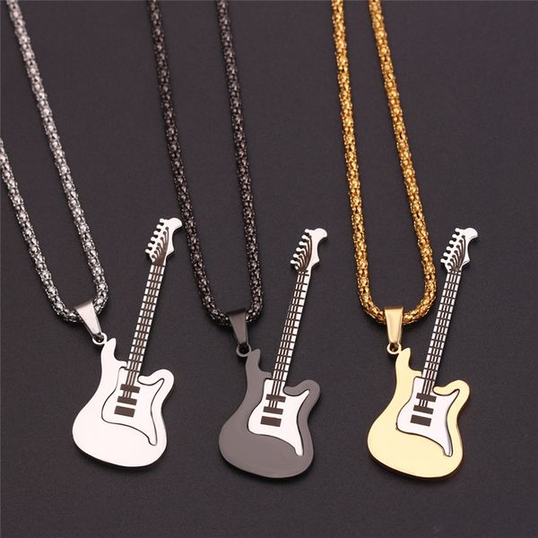 

hip hop gold black silver color fashion men women stainless steel rock music guitar pendant jewelry chain necklace bijoux gift