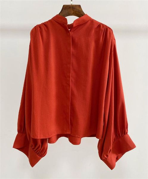 

stand collar red women blouse loose long lantern sleeve pleated simple lady shirt, White