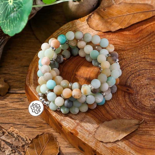 

charm bracelets fashion women`s bracelet natural matte frosted amazonite beads with lotus om buddha yoga 108 mala & necklace, Golden;silver