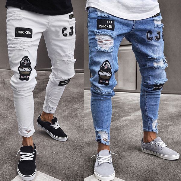 

mens casual straight jeans retro slim skinny jeans fashion stylist ripped men hip blue denim pants