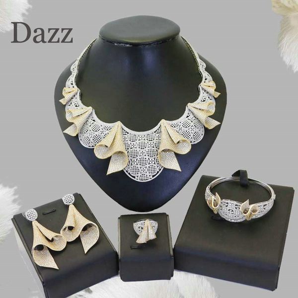 

dazz luxury flower nigerian wedding cubic zircon jewelry set plated gold for women wedding party african bride dubai accessories, Silver