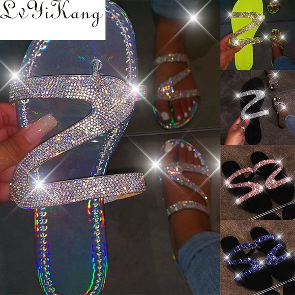 

women summe rhinestone shoes r flat slippers open toe roman beach sandals ladies flip flops black non-slip slides dropshipping