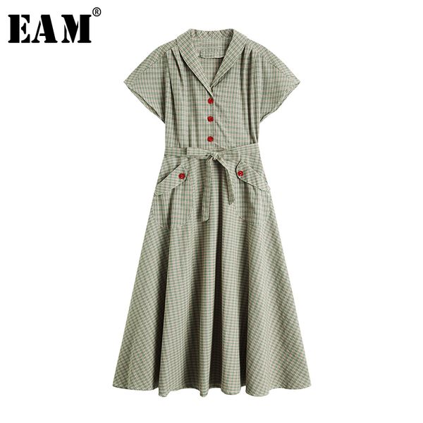 

eam] women green plaid stitch bandage midi shirt dress new lapel short sleeve loose fit fashion tide spring summer 2020 1w146, Black;gray