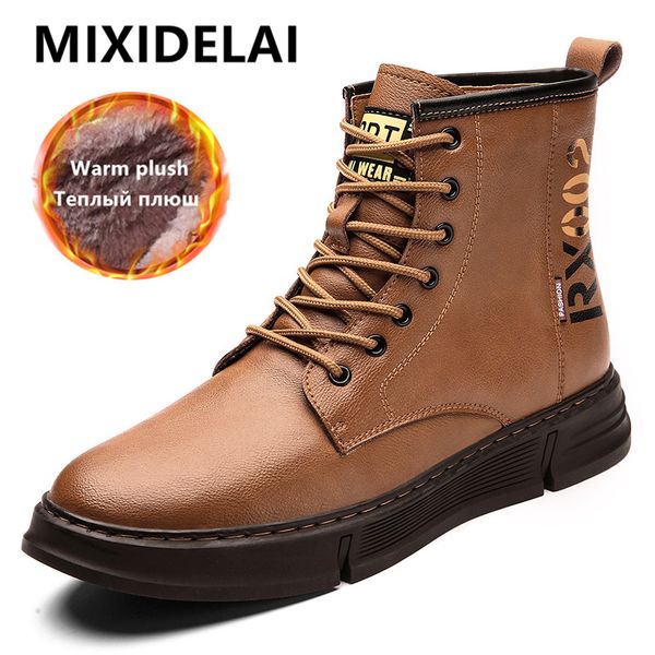 

2020 new men winter boots man genuine leather ankle boots snow plush keep warm footwear trendy waterproof casual men, Black