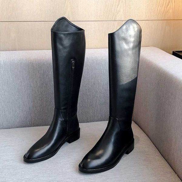 

winter new style genuine leather knee high boots women boots motorcycle female warm real cowhide women shoes, Black