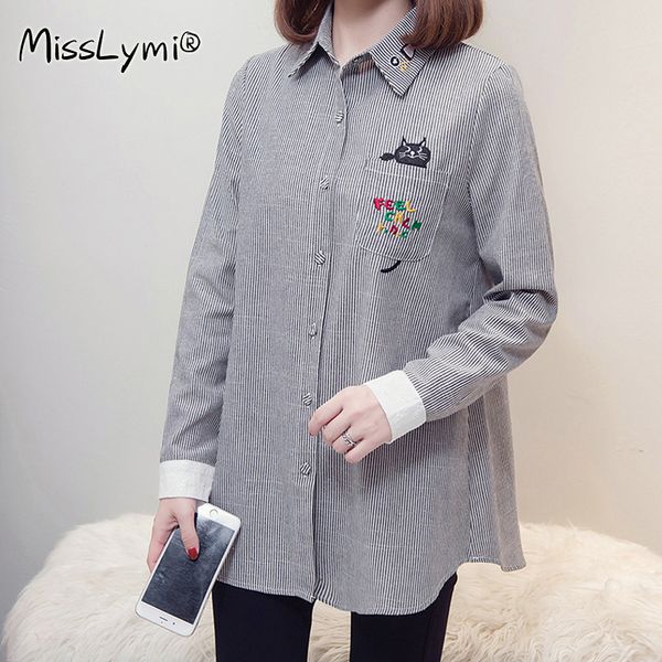 

l-4xl plus size women striped shirts autumn 2020 turn-down collar cartoon embroidery pockets long sleeve loose casual, White