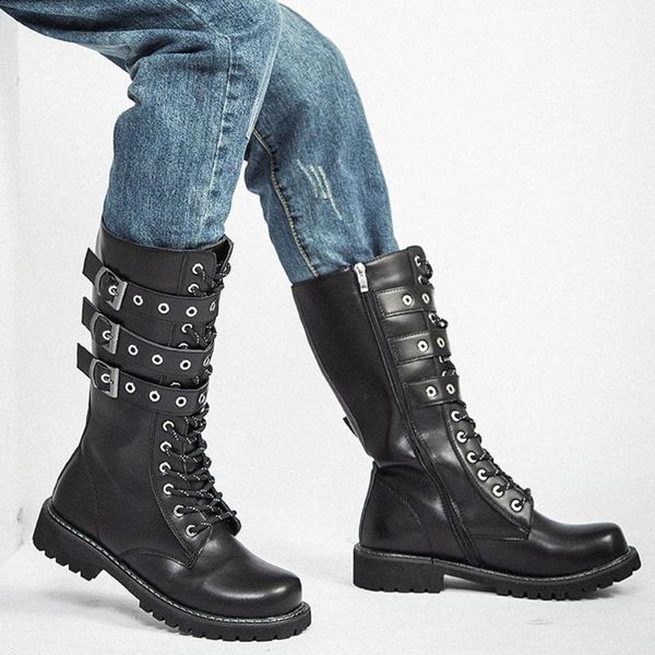 

men gothic shoes boots punk boots winter men combat boot outdoor cold-proof non-slip buckle boot winter punk snow boots#g3, Black