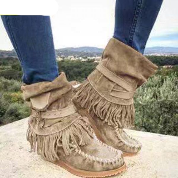 NUOVO Plus Size 35-41 Stivaletti da donna Inverno Imitazione pelle scamosciata Tacco quadrato Colore solido Botas Mujer Femminili Slip-on Boot Fringe Blu