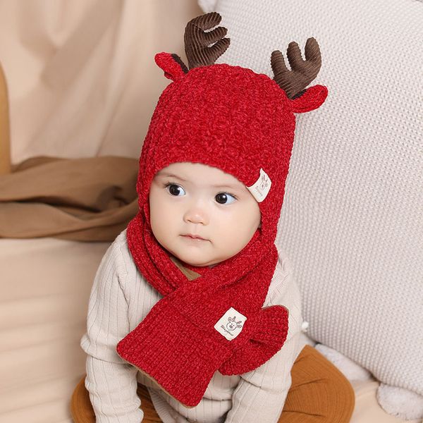 Baby Girls Boys Super Lovely Deer Toddler Infant Winter Warm Hat and Scarf Set Addensato Fleece Knitted Caps Regalo di Natale