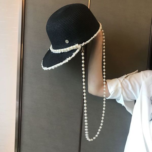 

beanie/skull caps summer cricket-cap straw hat pearl chain women's british travel sun zhe jia beach fashion, Blue;gray