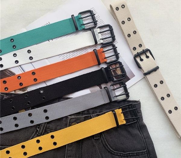 

new casual belt canvas belts fashion double row hole belt adjustable solid color waist strap for women men students jeans, Black;brown