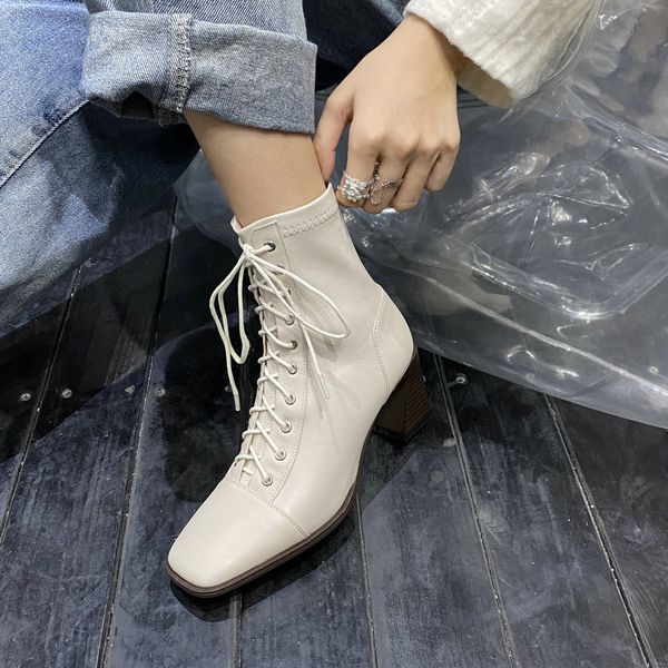 

fashion genuine leather shoes woman lace up high heels boots square toe ladies boots platform winter party wedding ankle, Black