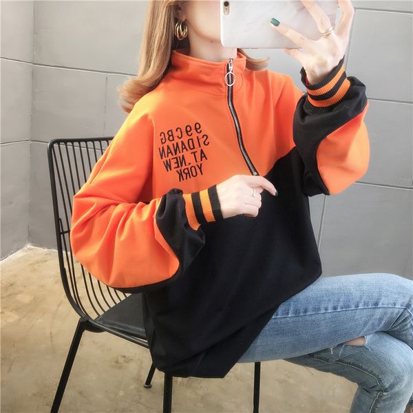 

new style versatile loose-fit origional spring clothing lettered zipper color blo thin hoodie women's [p shoot] pullovers -5, Black