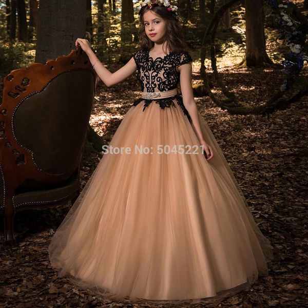 

girl's dresses tulle cap sleeves double v-neck lace appliques ball gowns flower girl princess birthdays party wedding, Red;yellow