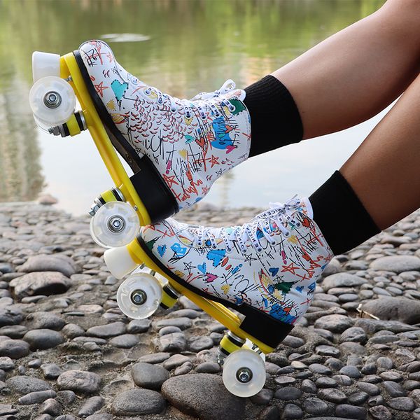 

2020 print artificial lether double row roller skates pu flash 4-wheel for woman kids outdoor patines sports shoes