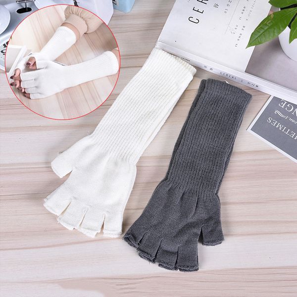 

1 pair long knitted half finger gloves women girls autumn spring winter arm warmers pure white black gray elbow long gloves, Blue;gray