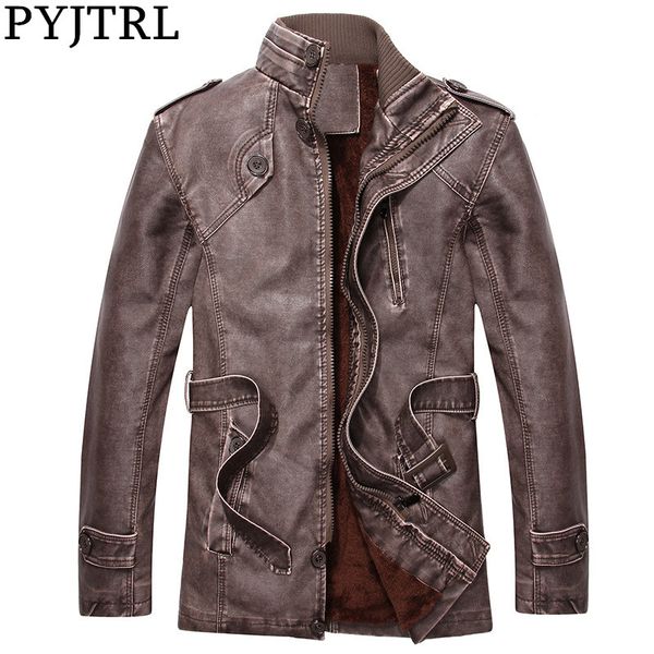 

pyjtrl men's autumn winter thick leather fleece lining coat fasjion casual slim washed pu leather windbreaker thickened jacket, Black