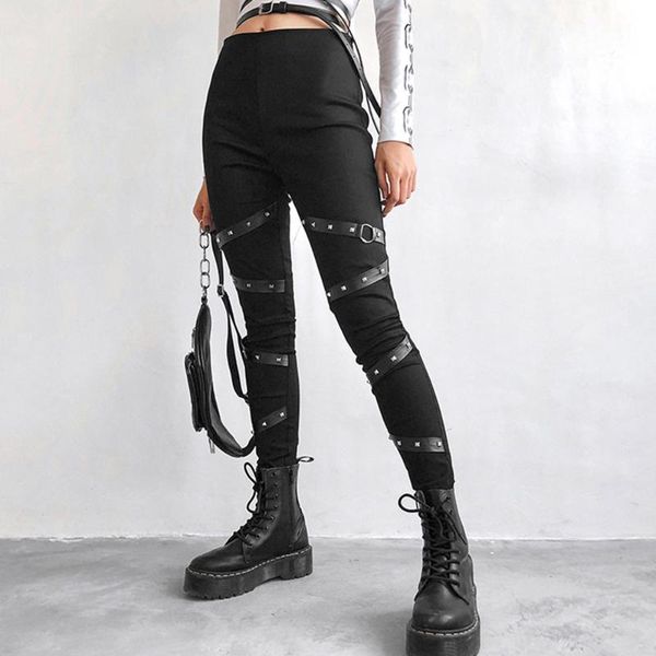 

rosetic punk rock rivet casual pants women pu leather patchwork gothic black streetwear joggers fashion spring autumn trousers, Black;white