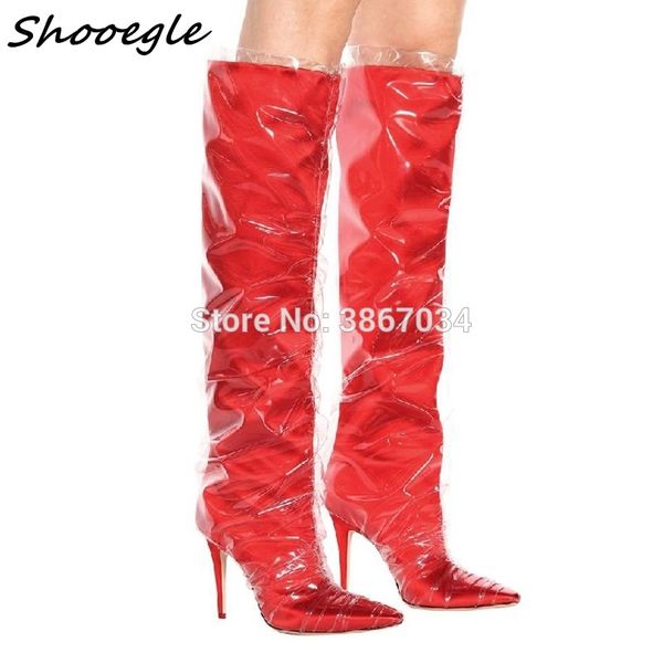 

shooegle 2020 fashion week stylish women high boots clear pvc point toes high heeled knee boots women shoes booties botas, Black