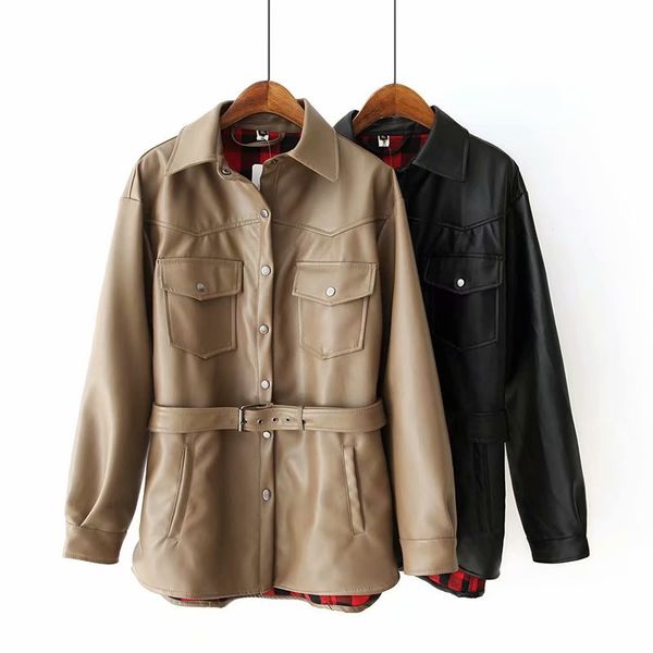 

soft faux autumn khaki pu leather women long sleeve black biker jacket outwear sashes punk motorcycle coat plus size