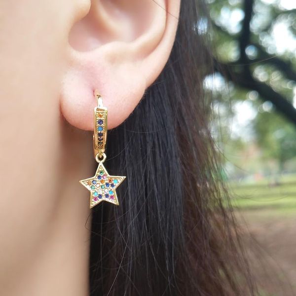 

hoop & huggie shiny cute star earrings small gold cz plated pave earring circle jewellery girl pendientes estrella cubic zirconia ear hoops, Golden;silver