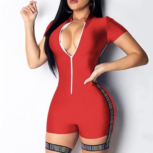 

women leisure slim zipper short sleeve bodycon shorts jumpsuits bodysuits, Black;white