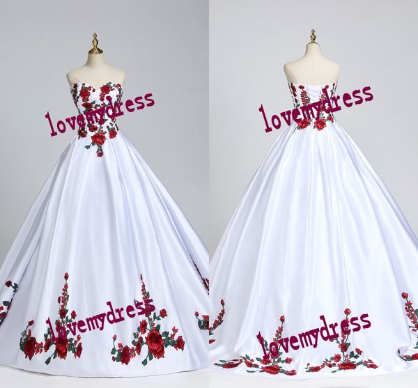 Weißes Satin-Charro-Quinceanera-Kleid 2021, Vintage-Ballkleider für formelle Frauen, rot, grün, florale Spitze, Abschlussball, Abschlussball, süßes 15-Kleid, lang