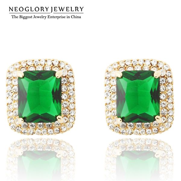 

stud neoglory austrian rhinestone around green zircon light yellow gold color earrings jewelry for women square design 2021, Golden;silver