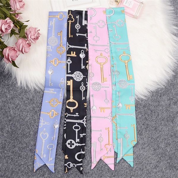 

new scarf women bag scarf key pattern print silk skinny scarves for women multi-function head neckchief hz13, Blue;gray