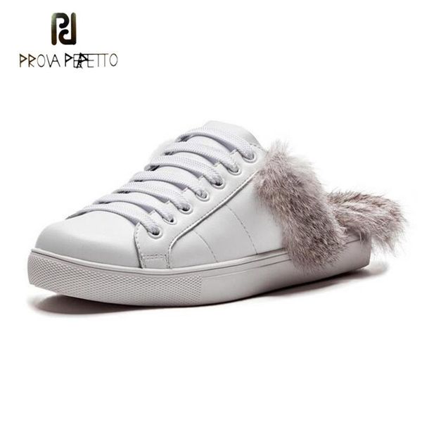 

prova perfetto white genuine leather casual shoes women round toe fur inside fashion mules shoe flat heel comfort slipper, Black