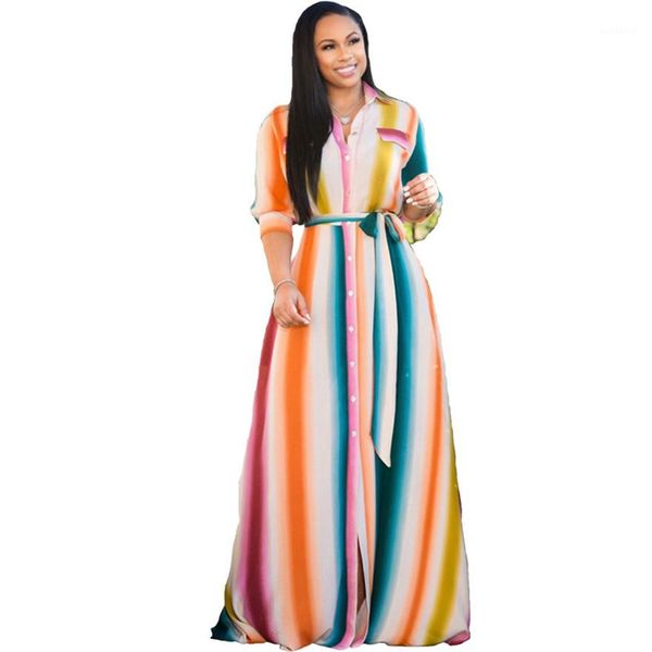 

lapel neck long dresses single breasted loose maxi dresses with sashes plus size women dresses spring printed
