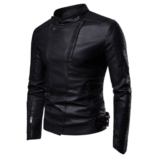 

men's fur & faux moto men winter thick flocking inside zipper pu leather jacket, Black