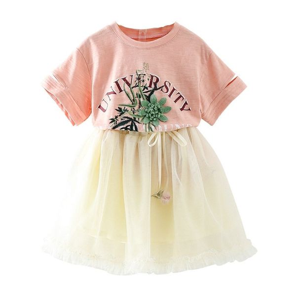 

summer girls clothing sets fashion children flower short sleeve t-shirts and net veil skirt suit baby girls clothes set, White