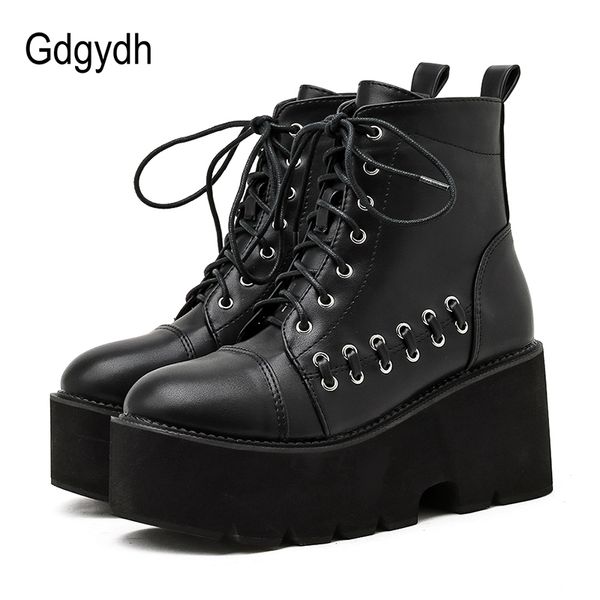 

gdgydh 2020 autumen winter women shoes round toe gothic style punk female ankle boots lace-up thick high heels ladies shos black