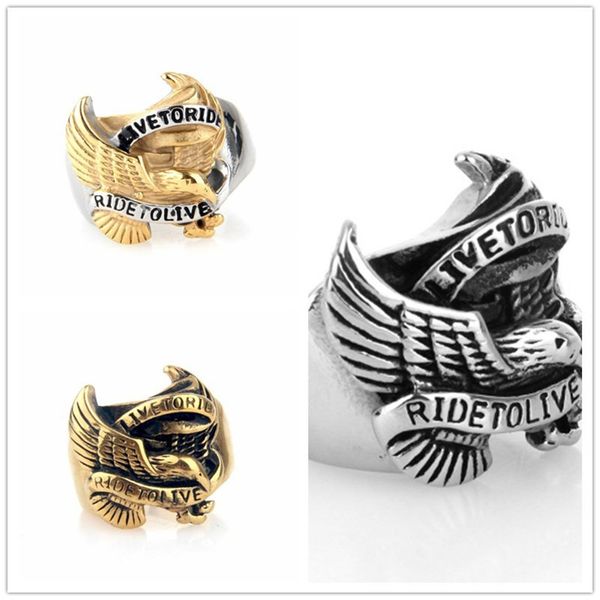 

lot live to ride ride to live hawk eagle 316l stainless steel motor biker men's ring men's jewelry, Golden;silver