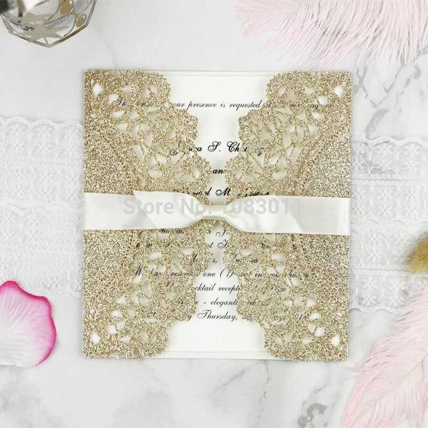 

greeting cards ponatia 20 pcs lace cut gold glitter flower pattern bowknot ribbons wed invitations for birthday baby shower wedding invit