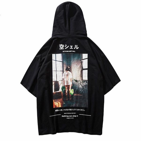 

septhydrogen mens hooded t shirt hip hop japanese style 2019 summer t-shirt streetwear harajuku tshirt hoodie short sleeve tees cotton, Black