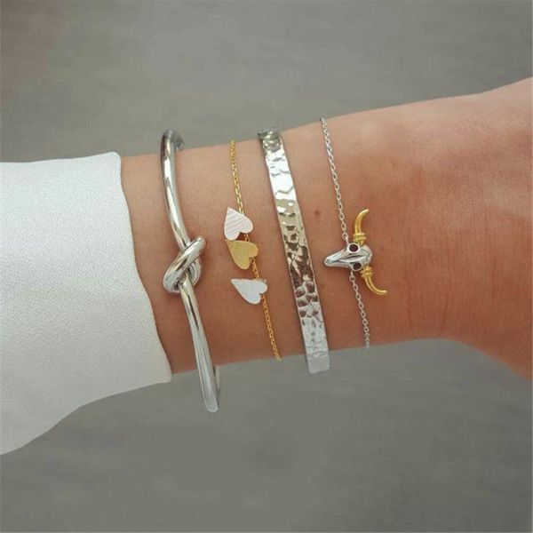 

buteeluvv elegant metal knot cuff bangles set fashion accessories creative triple color heart tassel charm bracelets for women, Black