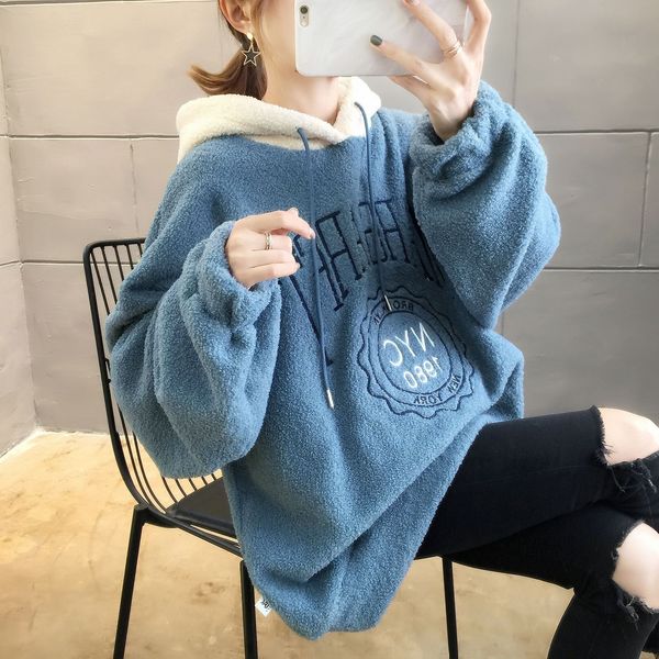 

large size winter thick imitation lamb fleece ins hooded women's loose korean style coat coat sweatersweater sweater women's m3uel, Black