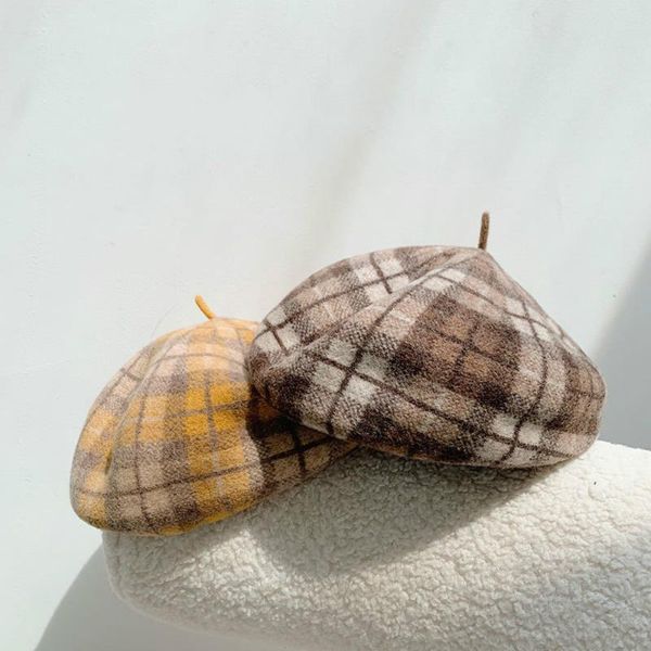 

2020 new women wool plaid beret hat autumn winter korean version versatile fashion anyongzu ins design luxury warm student cap, Blue;gray