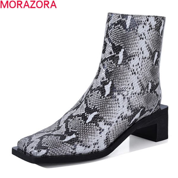

morazora 2020 new women boots genuine leather ankle boots thick heels square toe fashion snake ladies shoes, Black