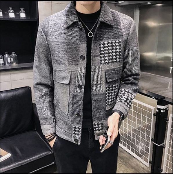 

winter mens jacket lapel neck cashmere plaid coats with pockets fashion long sleeved male outerwear mens clothing, Black