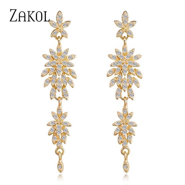 

zakol exquisite bridal wedding design leaf long dangle drop earrings jewelry cubic zironia brincos for women bijoux fsep2471, Silver