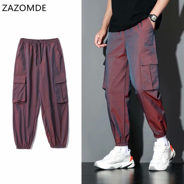 

zazomde streetwear men cargo pants men reflective loose hip hop casual pants mens harem pant sweatpant men ninth pants 200925, Black