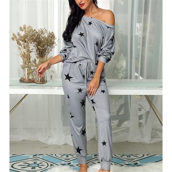 

yiciya women drawstring design stars print casual and casual pants set long sleeve off shoulder spring pants pajamas set x0923, Gray