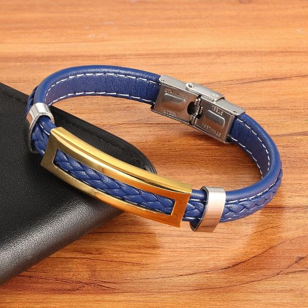 

stainless steel accessories multi-color rectangular combination blue leather classic men's bracelet commemorative gift, Golden;silver