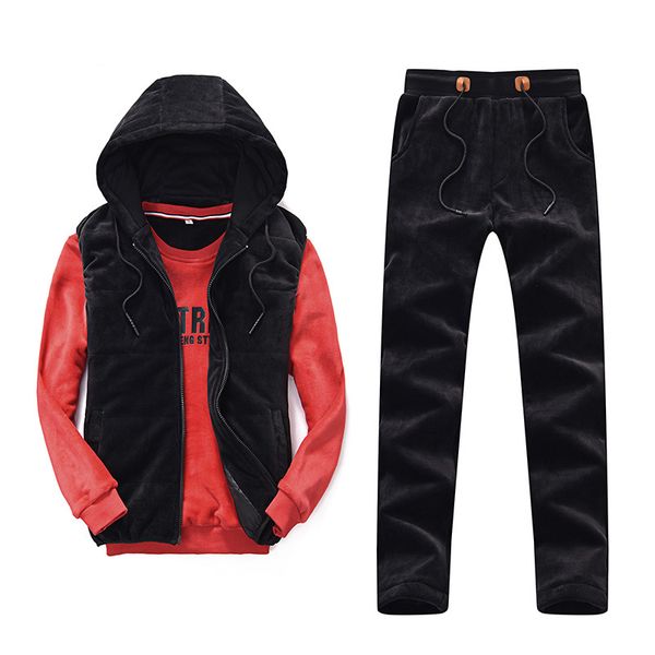 

running sets thick sports 3-piece set jogging suit keep warm pleche sportswear sport clothing men's 2021 winter hooded with velvet, Black;blue